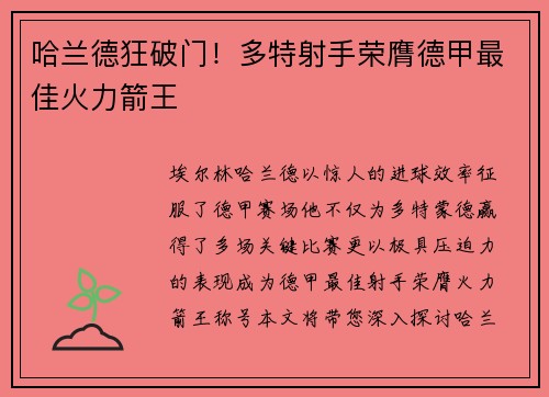 哈兰德狂破门！多特射手荣膺德甲最佳火力箭王