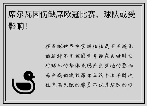 席尔瓦因伤缺席欧冠比赛，球队或受影响！