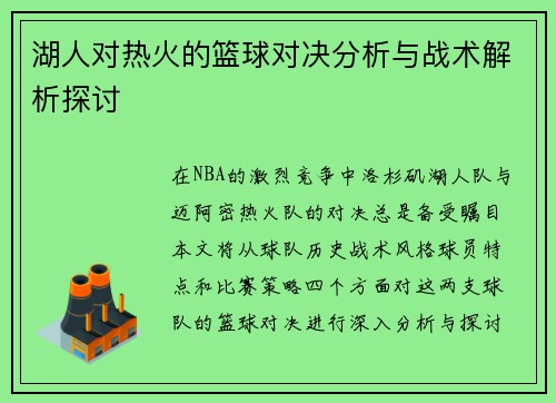 湖人对热火的篮球对决分析与战术解析探讨