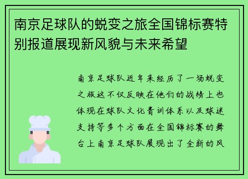 南京足球队的蜕变之旅全国锦标赛特别报道展现新风貌与未来希望