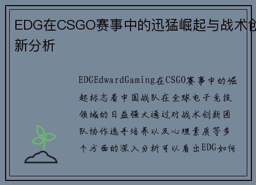 EDG在CSGO赛事中的迅猛崛起与战术创新分析